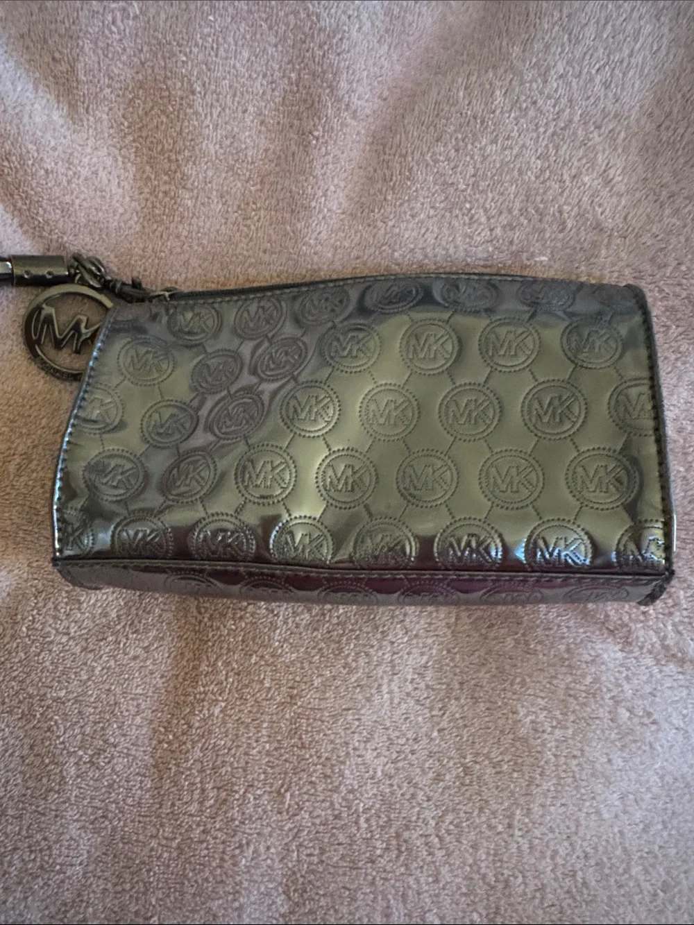 Michael Kors Metallic Gunmetal MK Logo Zip Wallet AND cosmetic bag.